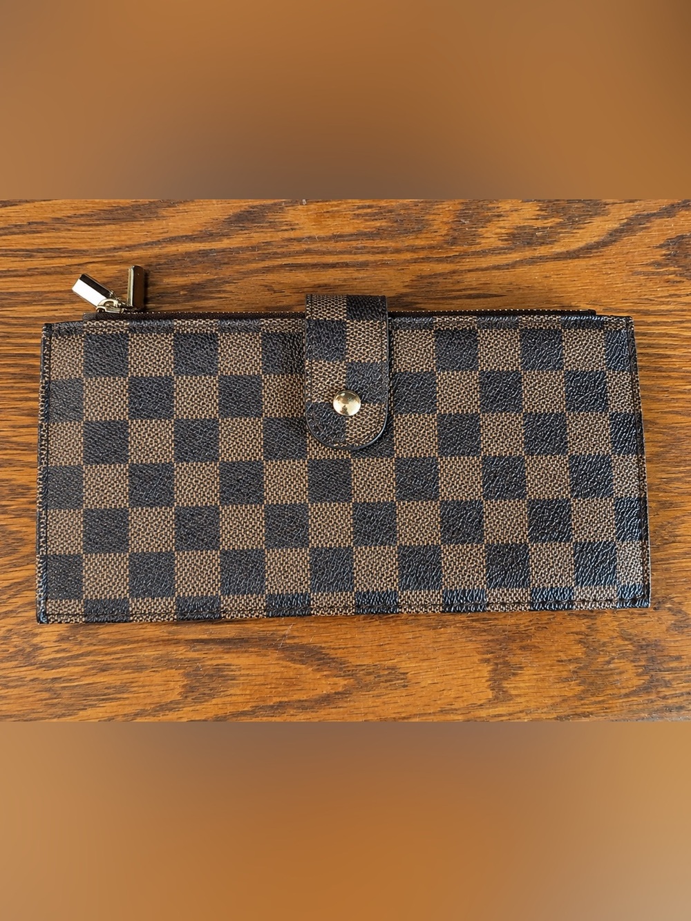 Brown & Tan Checkerboard Long Zip Wallet Clutch – Slim Organizer